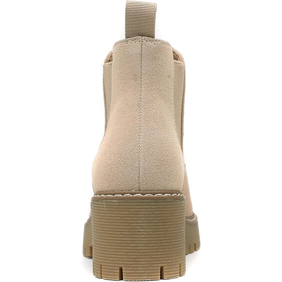 Womens Nude Faux Leather Low Wedge Heel Slip On Chunky Platform Ankle Boots - Picture 4 of 8